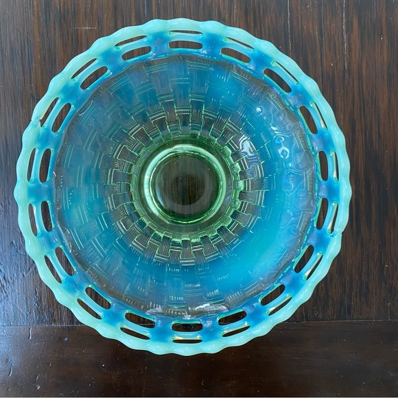 Fenton Art Vintage Fenton Art Glass Vaseline Opalescent Open Lace Basket Weave Bowl Dish